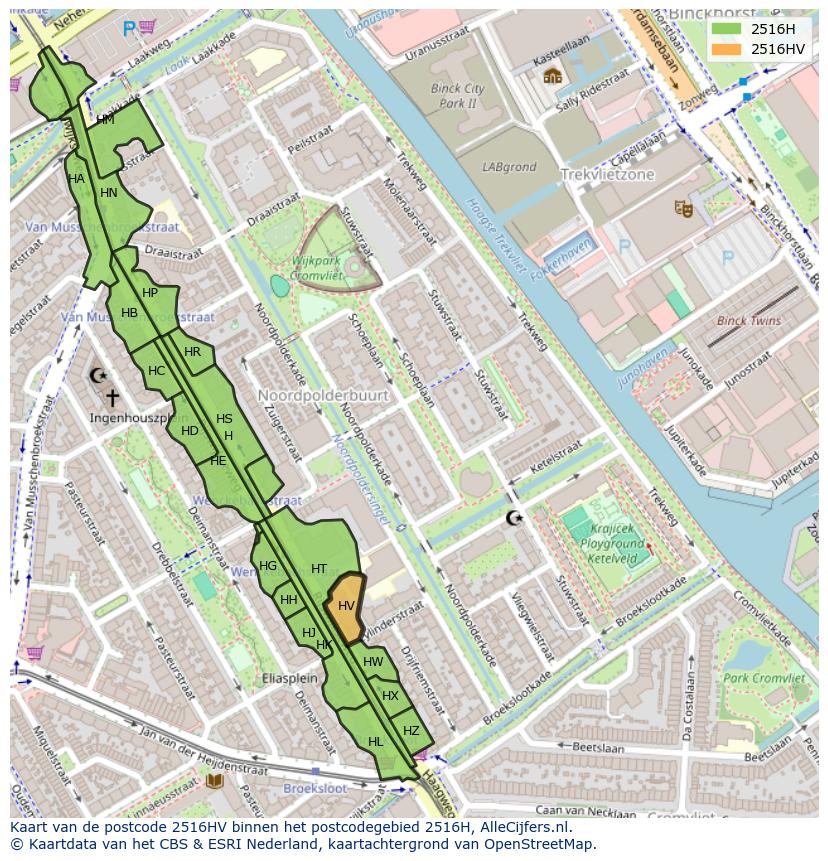 Afbeelding van het postcodegebied 2516 HV op de kaart.