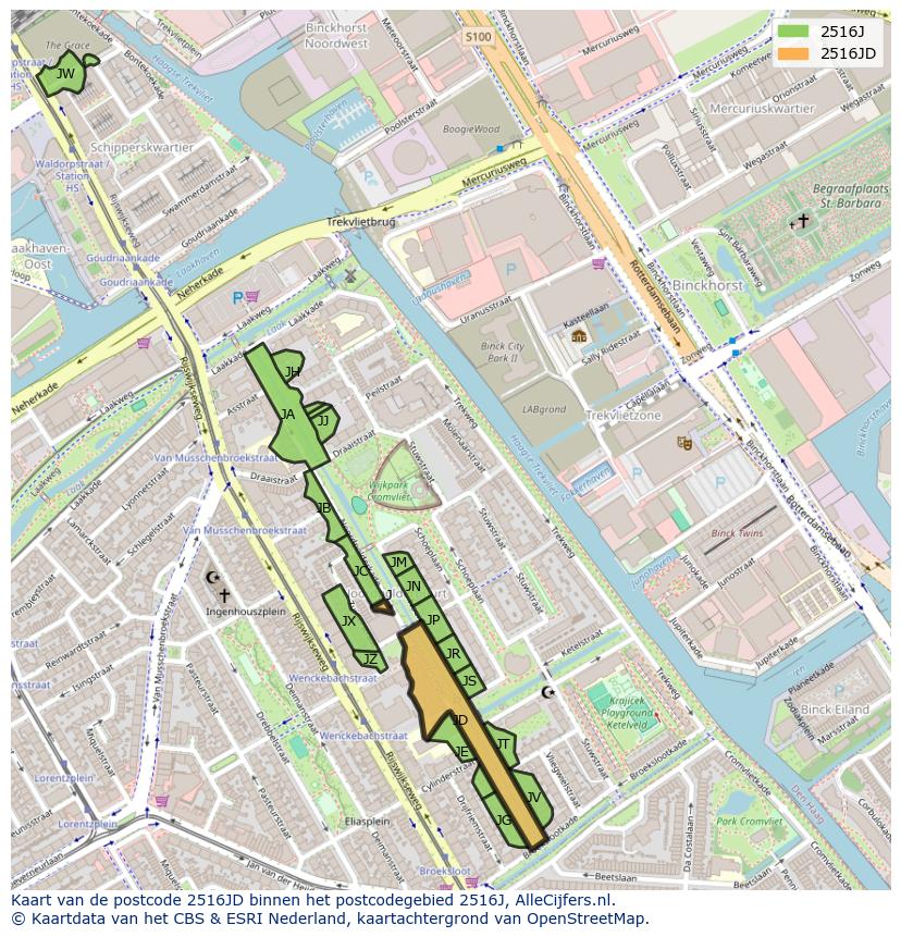 Afbeelding van het postcodegebied 2516 JD op de kaart.