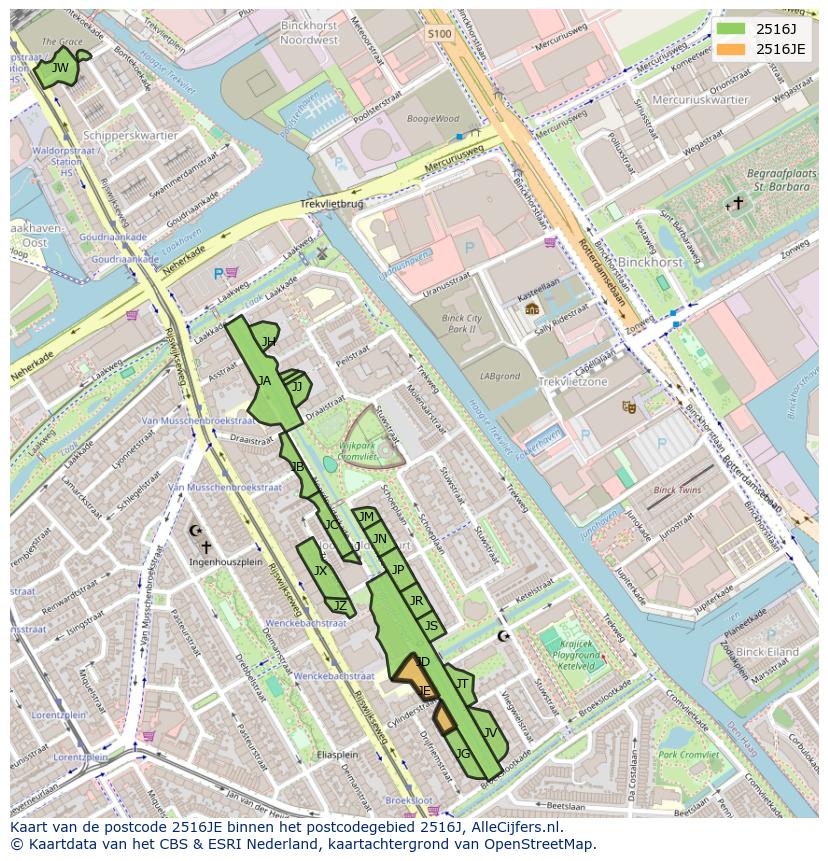 Afbeelding van het postcodegebied 2516 JE op de kaart.