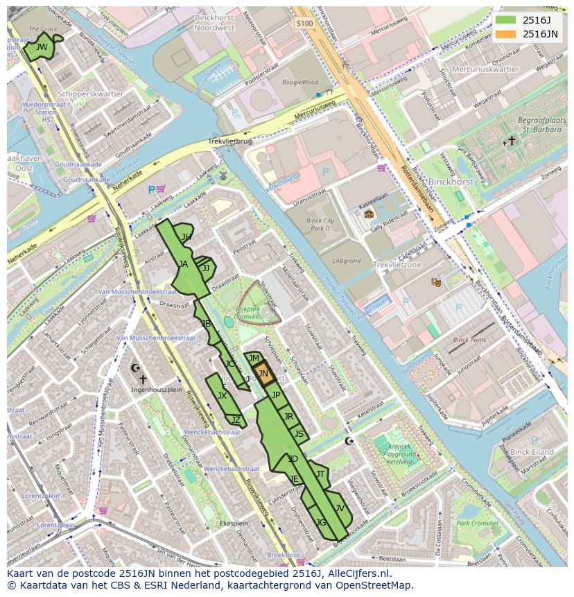 Afbeelding van het postcodegebied 2516 JN op de kaart.