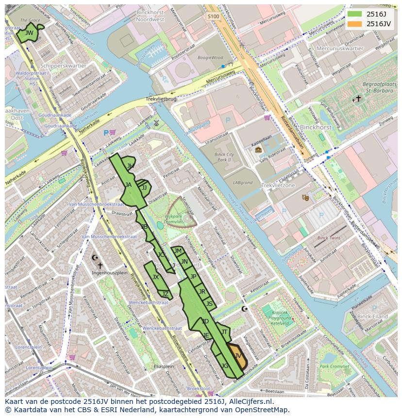 Afbeelding van het postcodegebied 2516 JV op de kaart.