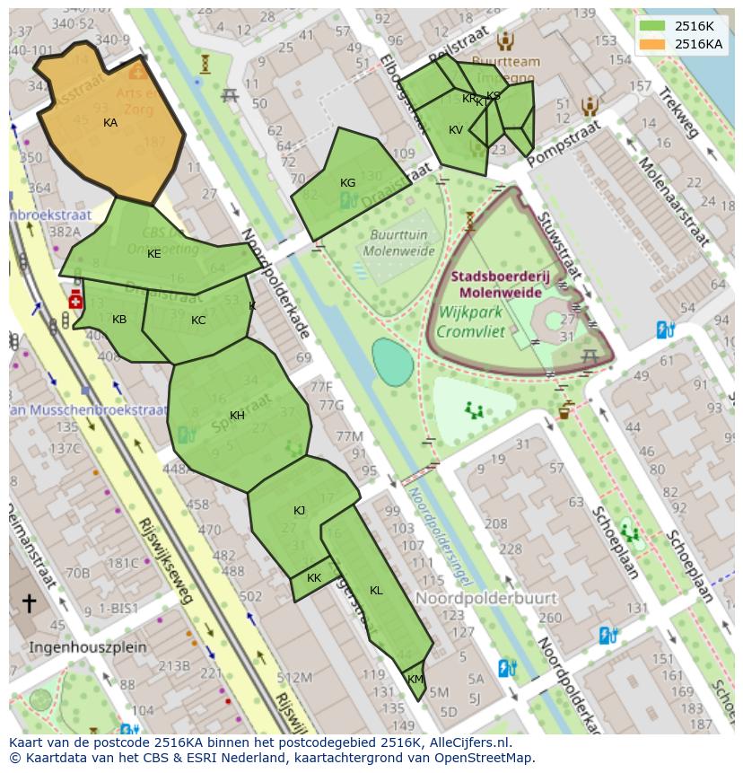 Afbeelding van het postcodegebied 2516 KA op de kaart.