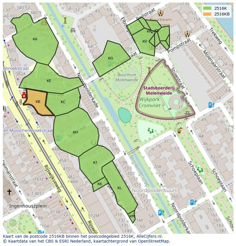 Afbeelding van het postcodegebied 2516 KB op de kaart.