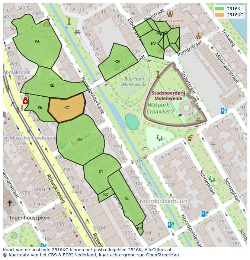 Afbeelding van het postcodegebied 2516 KC op de kaart.
