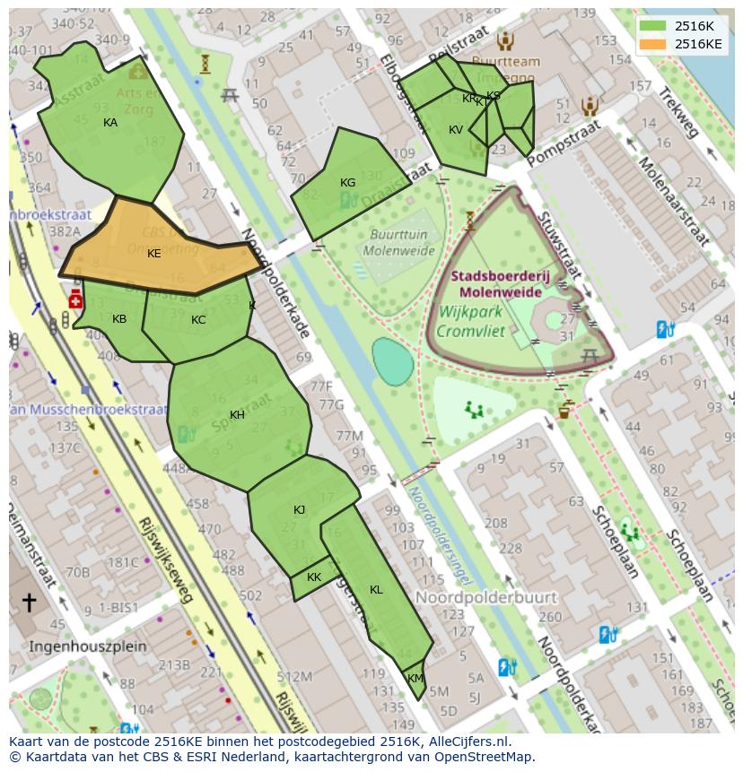 Afbeelding van het postcodegebied 2516 KE op de kaart.