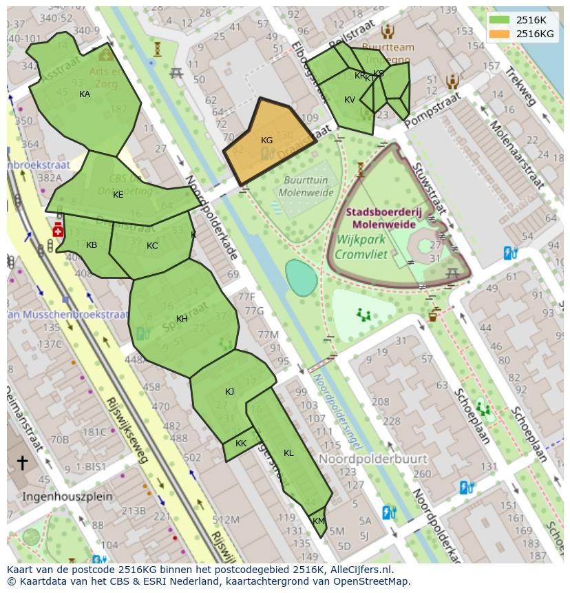 Afbeelding van het postcodegebied 2516 KG op de kaart.