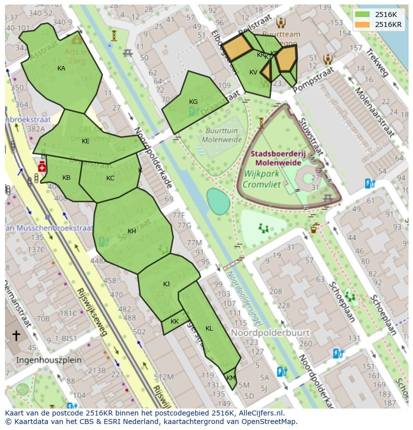 Afbeelding van het postcodegebied 2516 KR op de kaart.