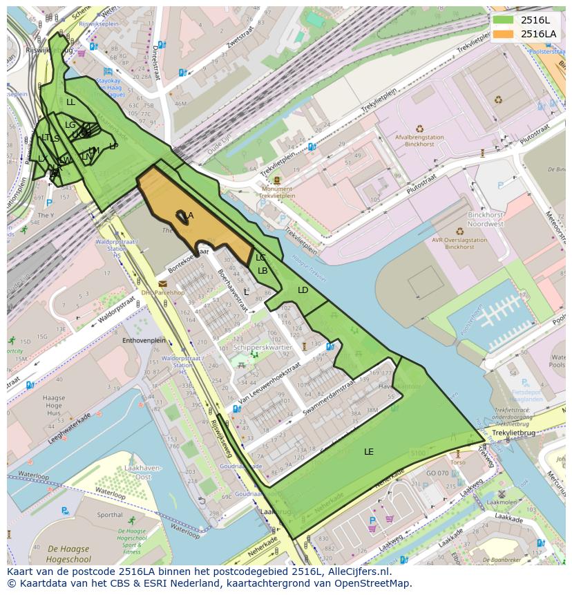 Afbeelding van het postcodegebied 2516 LA op de kaart.