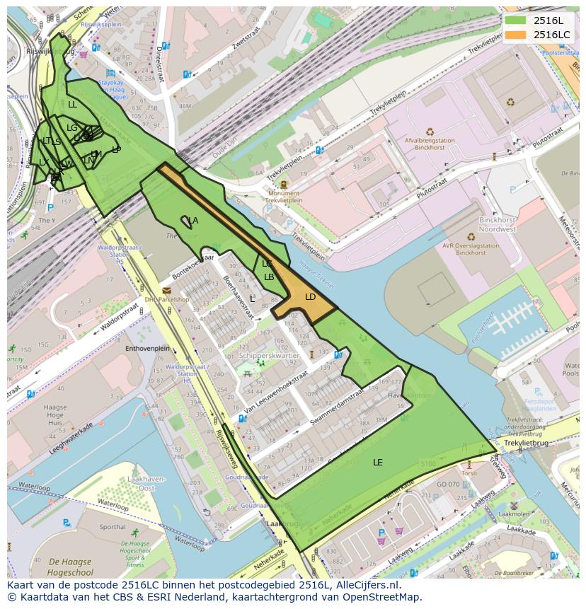Afbeelding van het postcodegebied 2516 LC op de kaart.