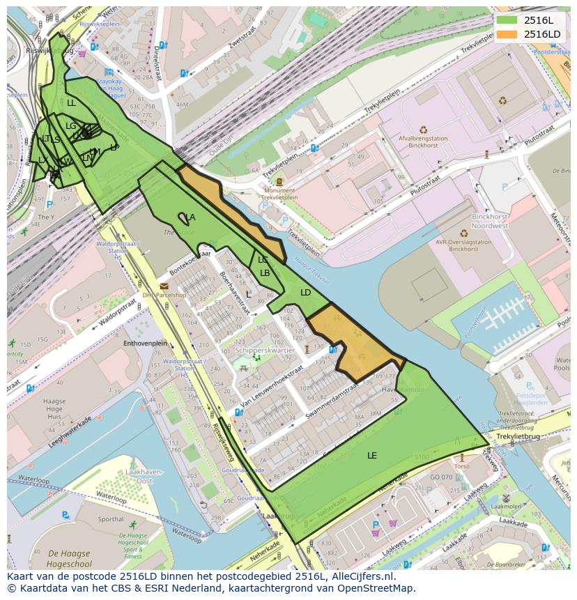 Afbeelding van het postcodegebied 2516 LD op de kaart.