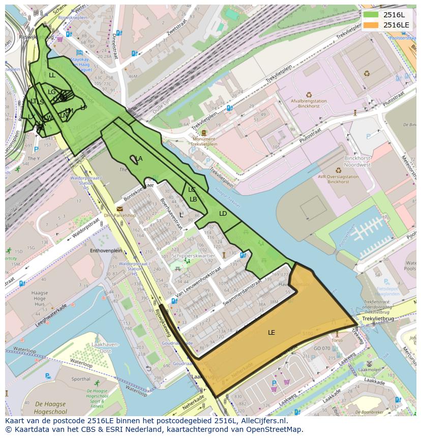 Afbeelding van het postcodegebied 2516 LE op de kaart.