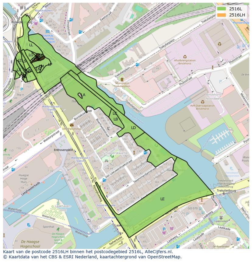 Afbeelding van het postcodegebied 2516 LH op de kaart.