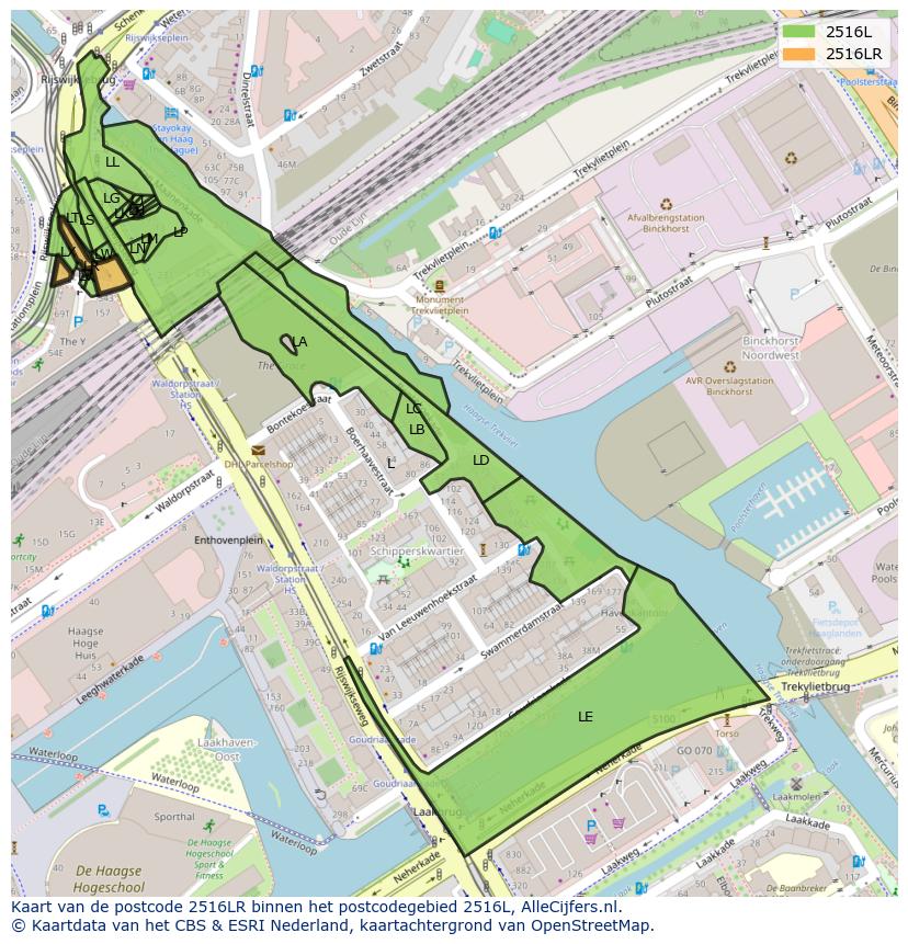 Afbeelding van het postcodegebied 2516 LR op de kaart.