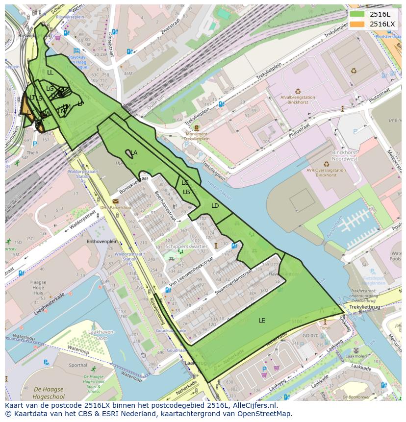 Afbeelding van het postcodegebied 2516 LX op de kaart.