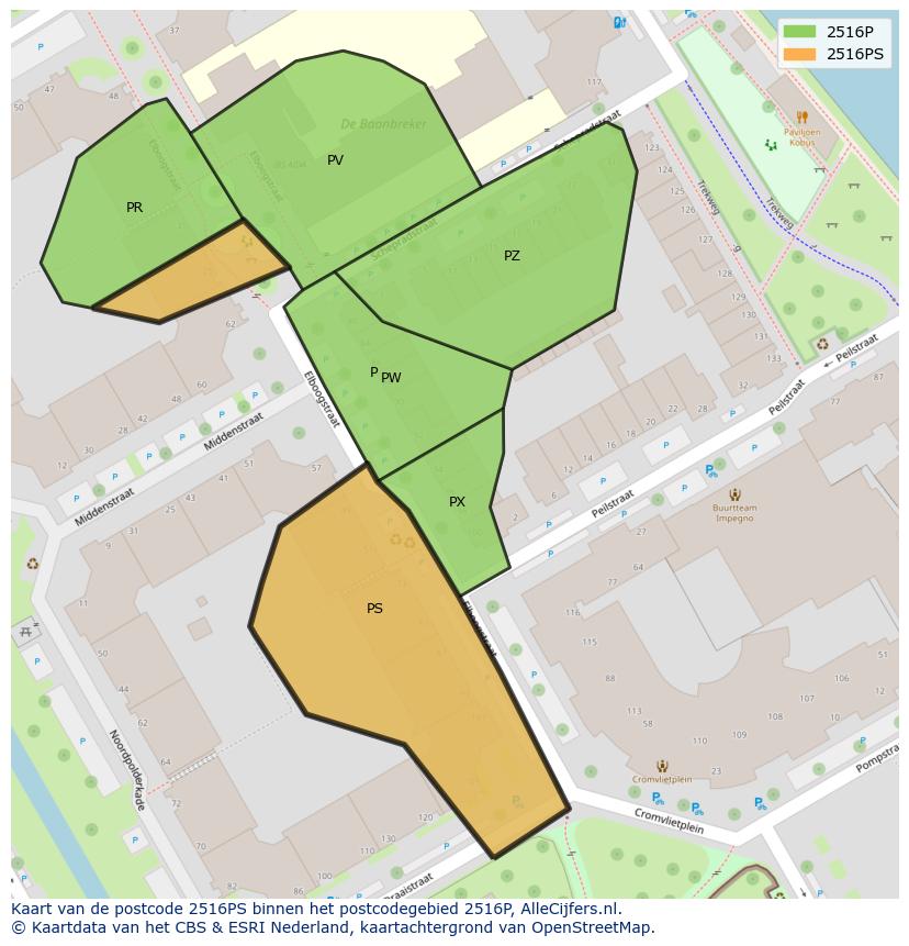 Afbeelding van het postcodegebied 2516 PS op de kaart.