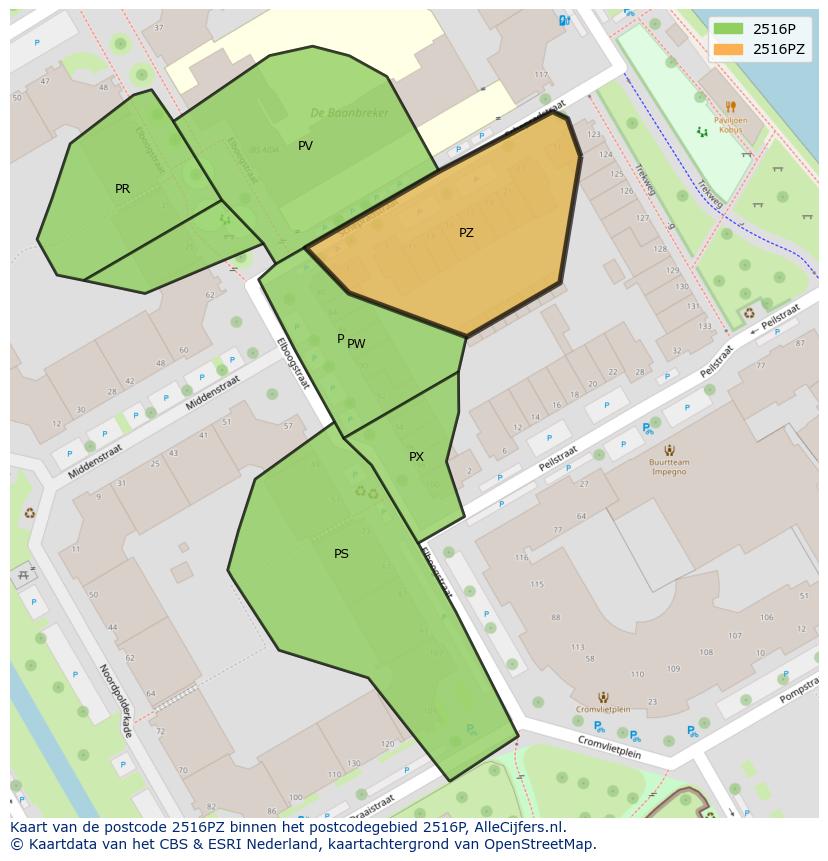 Afbeelding van het postcodegebied 2516 PZ op de kaart.