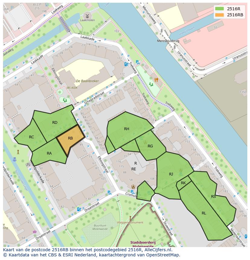 Afbeelding van het postcodegebied 2516 RB op de kaart.