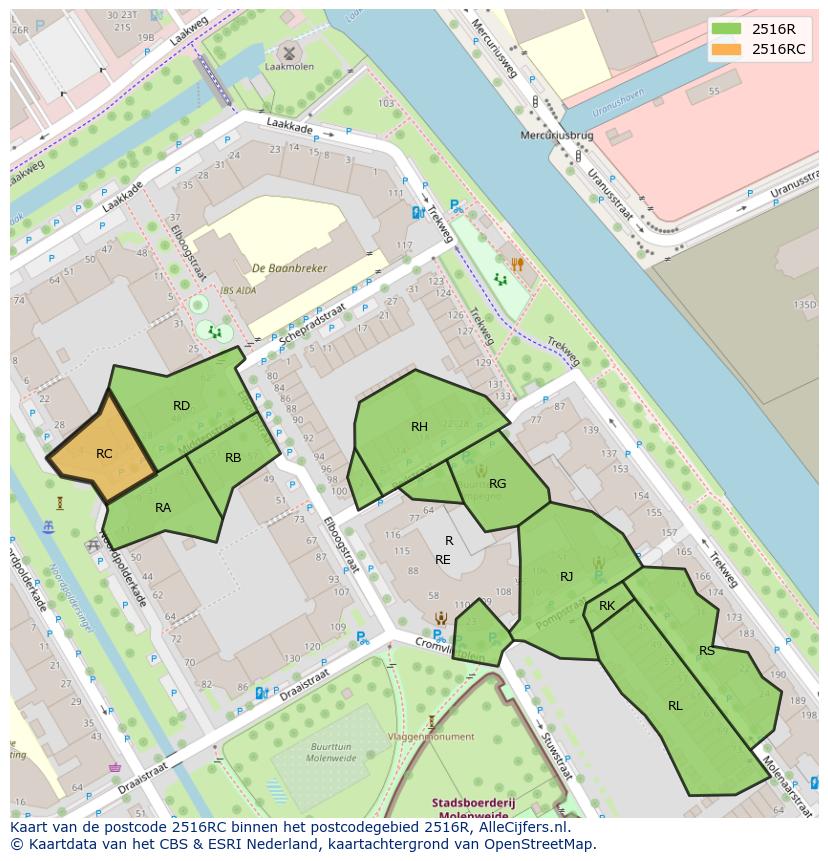 Afbeelding van het postcodegebied 2516 RC op de kaart.