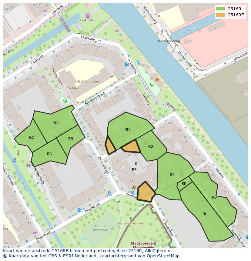 Afbeelding van het postcodegebied 2516 RE op de kaart.