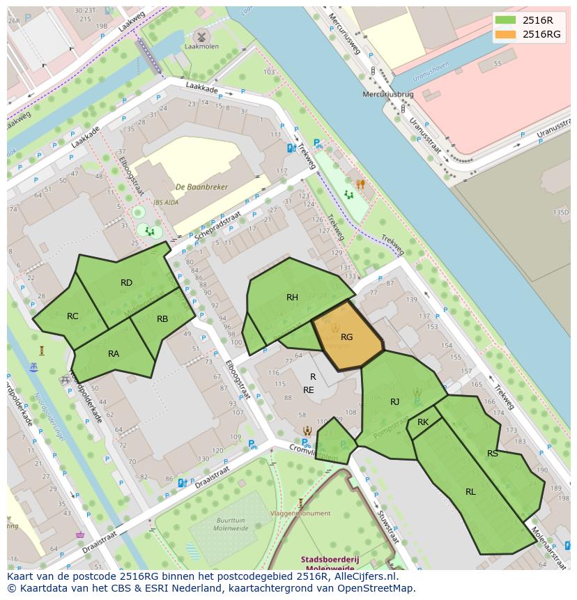 Afbeelding van het postcodegebied 2516 RG op de kaart.
