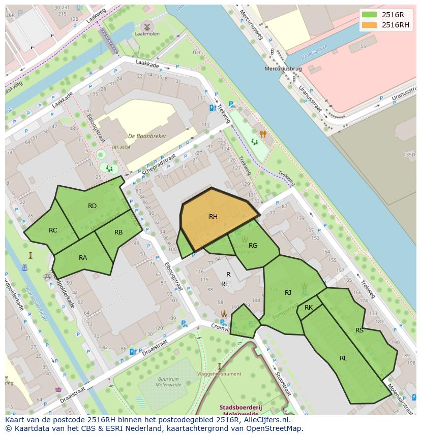 Afbeelding van het postcodegebied 2516 RH op de kaart.