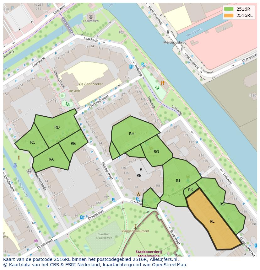 Afbeelding van het postcodegebied 2516 RL op de kaart.
