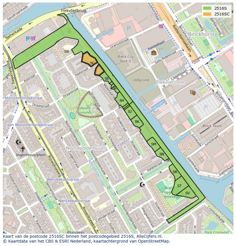 Afbeelding van het postcodegebied 2516 SC op de kaart.