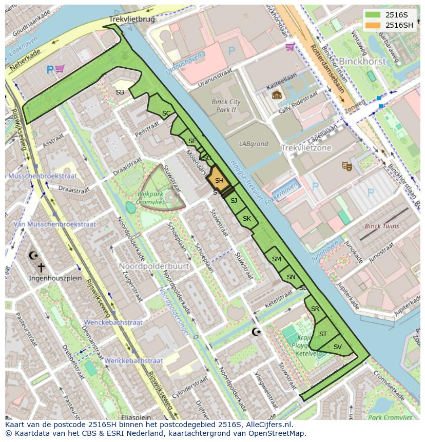 Afbeelding van het postcodegebied 2516 SH op de kaart.