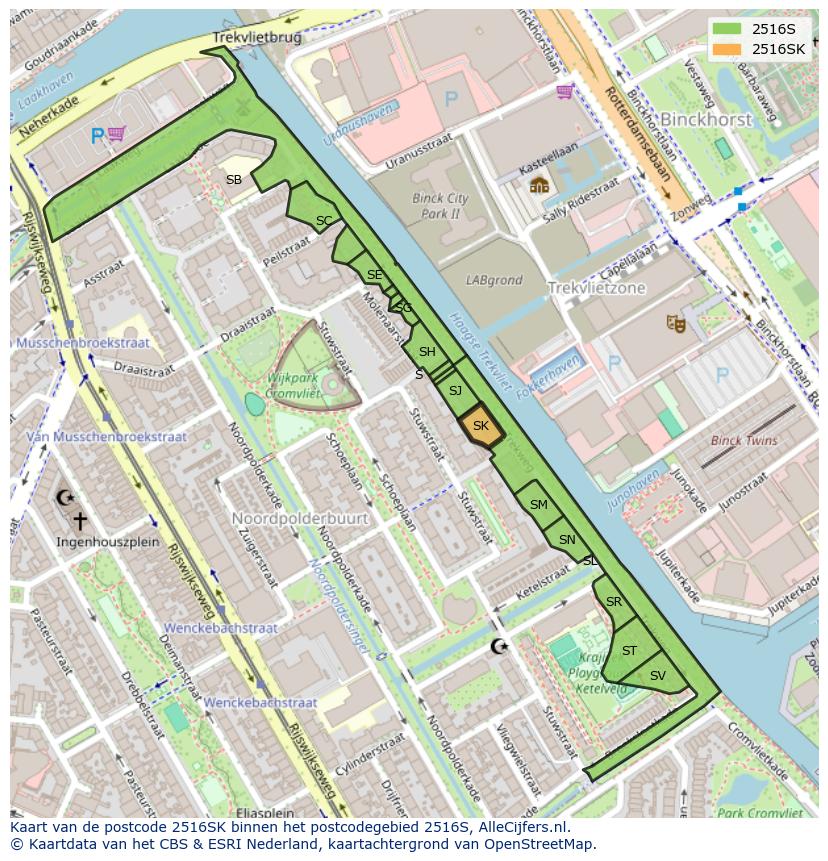 Afbeelding van het postcodegebied 2516 SK op de kaart.