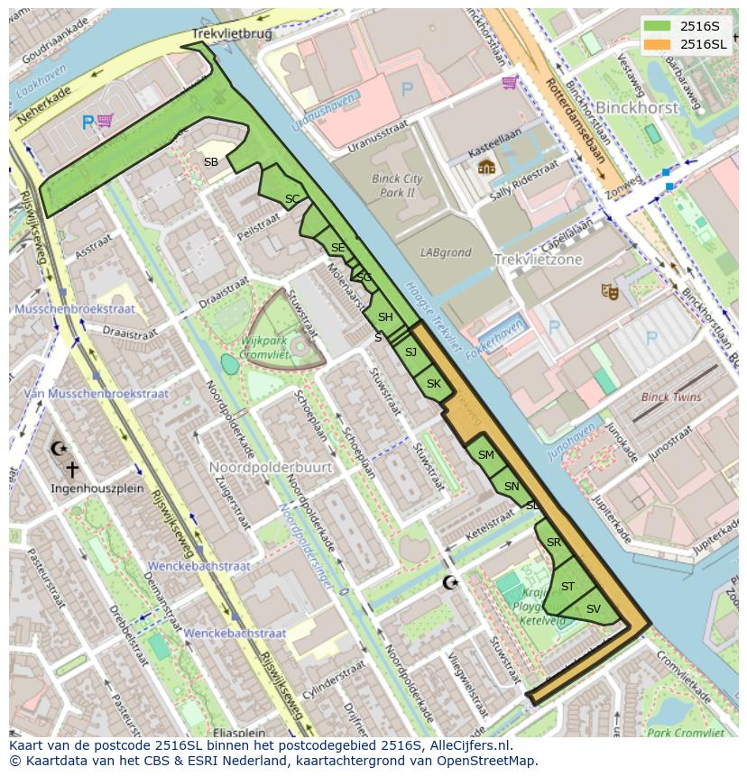 Afbeelding van het postcodegebied 2516 SL op de kaart.