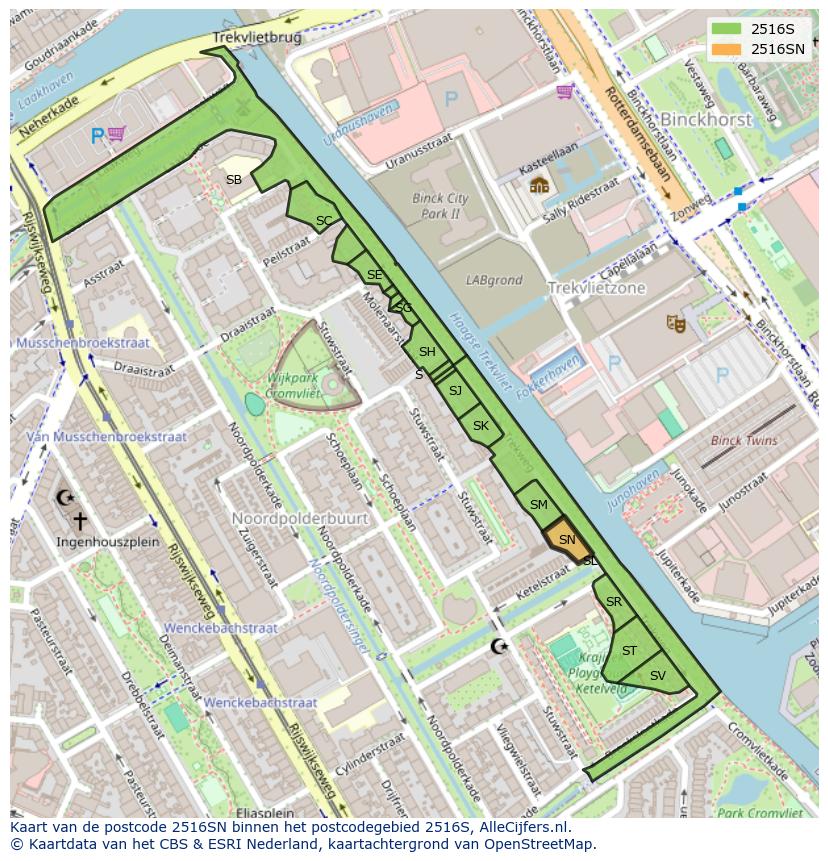 Afbeelding van het postcodegebied 2516 SN op de kaart.