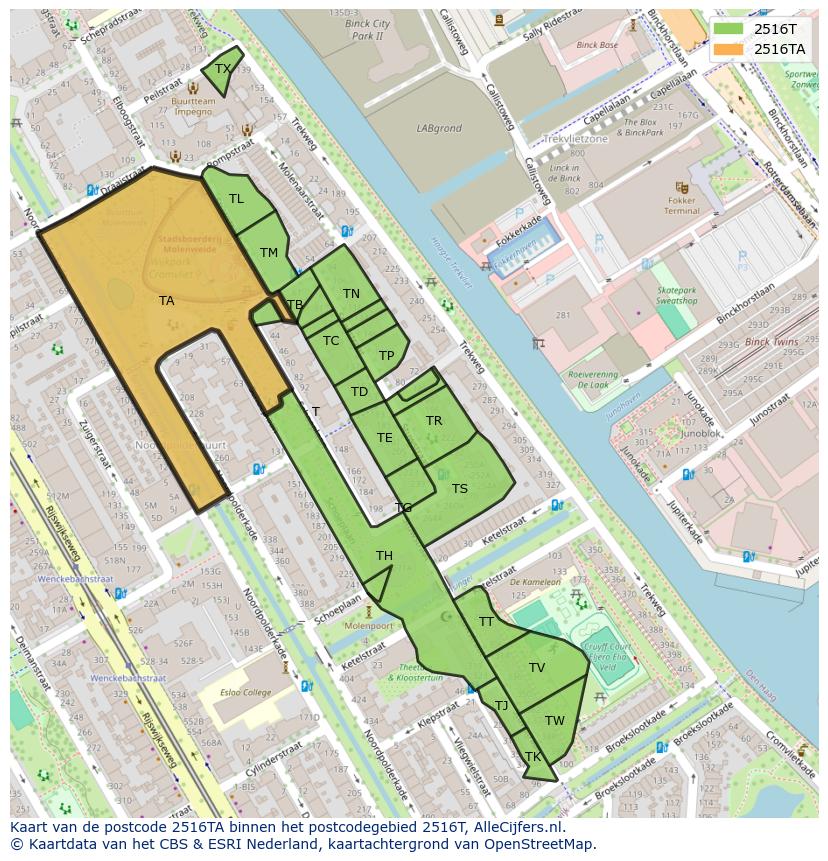 Afbeelding van het postcodegebied 2516 TA op de kaart.