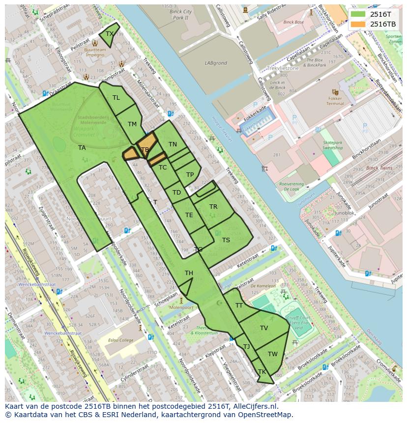 Afbeelding van het postcodegebied 2516 TB op de kaart.