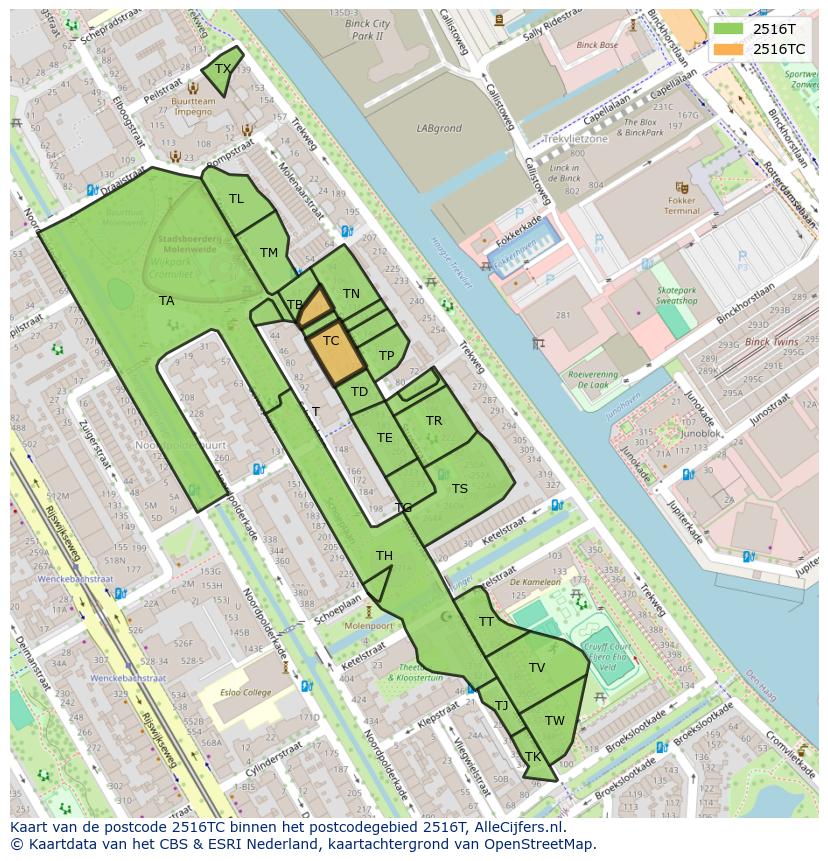 Afbeelding van het postcodegebied 2516 TC op de kaart.