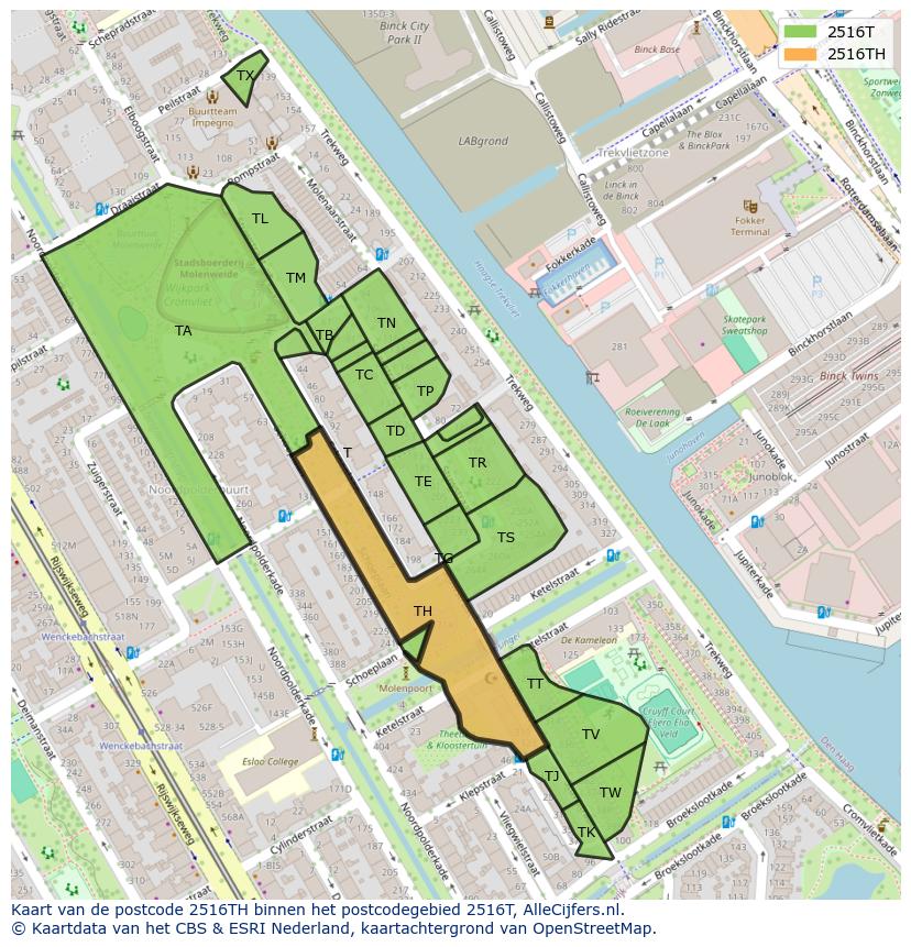 Afbeelding van het postcodegebied 2516 TH op de kaart.