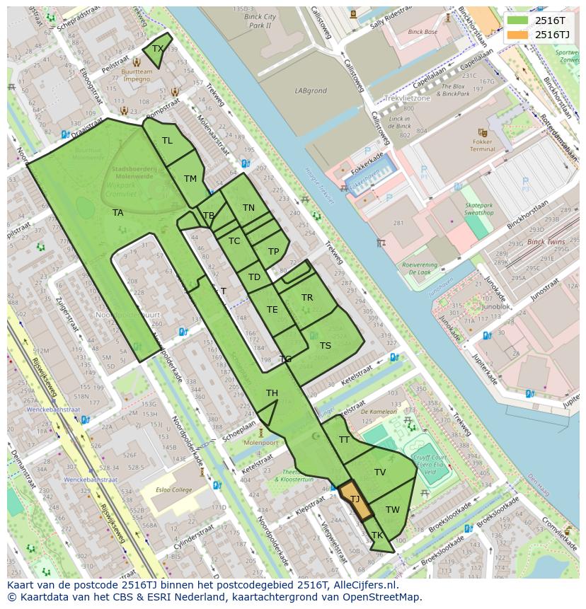 Afbeelding van het postcodegebied 2516 TJ op de kaart.