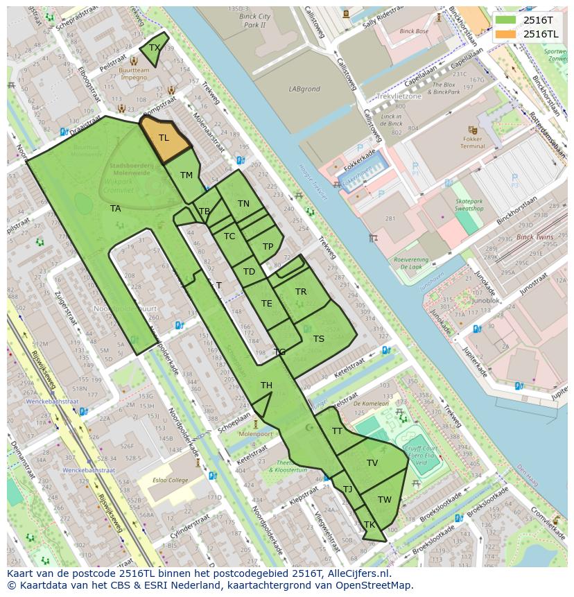 Afbeelding van het postcodegebied 2516 TL op de kaart.