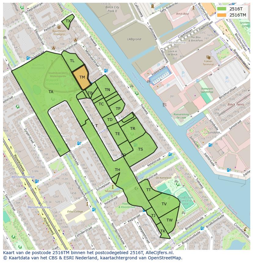Afbeelding van het postcodegebied 2516 TM op de kaart.