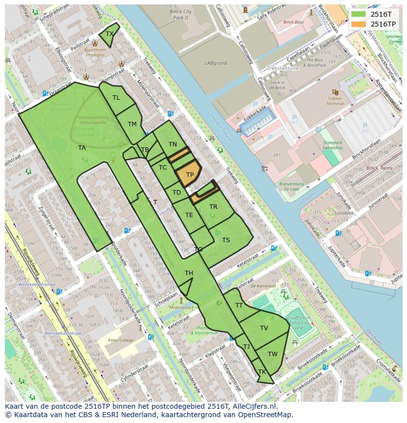Afbeelding van het postcodegebied 2516 TP op de kaart.