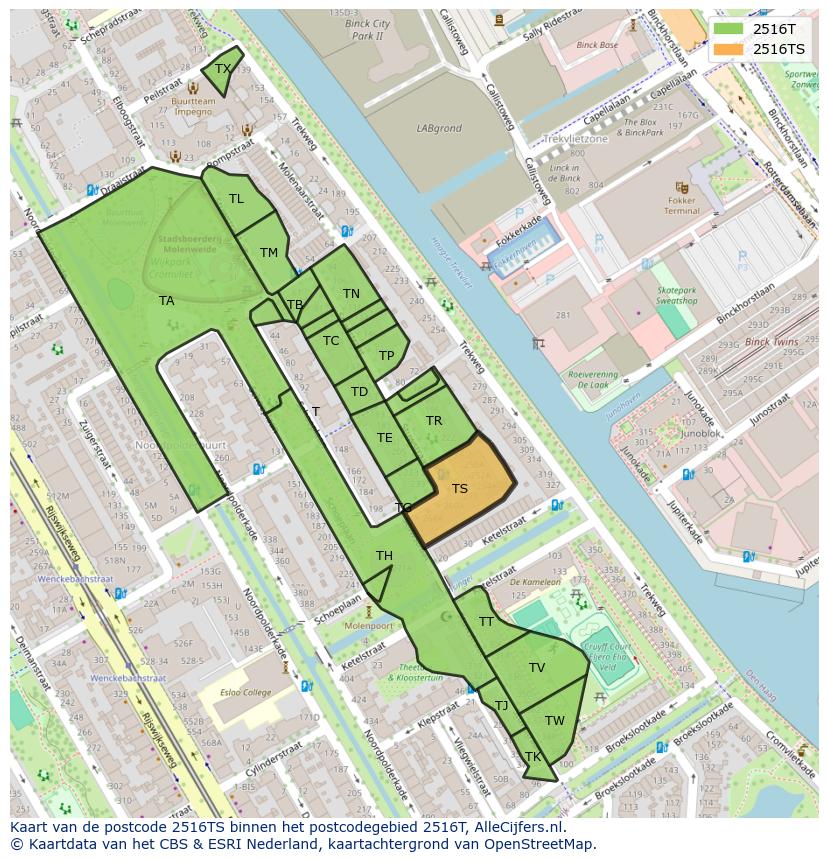 Afbeelding van het postcodegebied 2516 TS op de kaart.