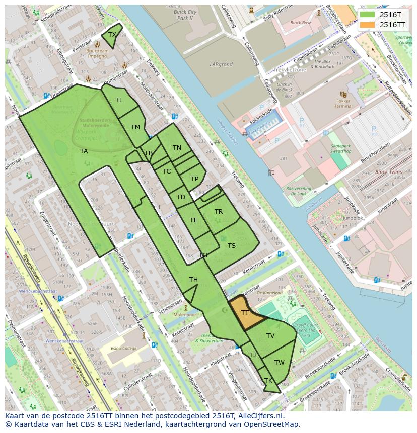 Afbeelding van het postcodegebied 2516 TT op de kaart.