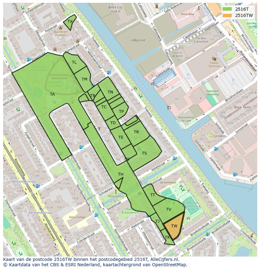 Afbeelding van het postcodegebied 2516 TW op de kaart.