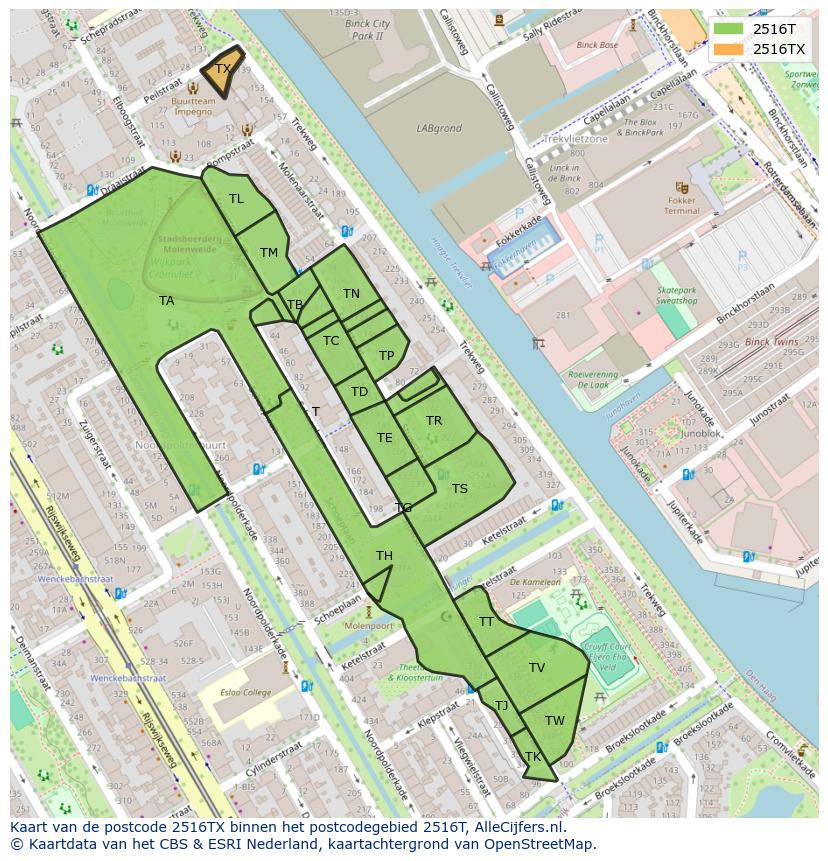 Afbeelding van het postcodegebied 2516 TX op de kaart.