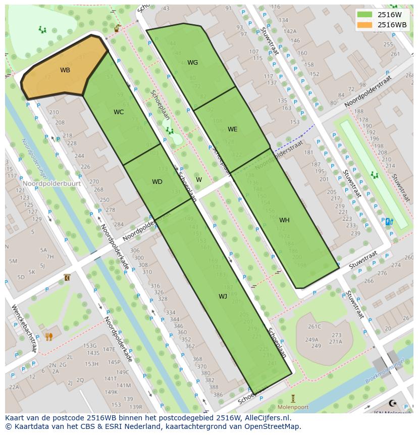 Afbeelding van het postcodegebied 2516 WB op de kaart.