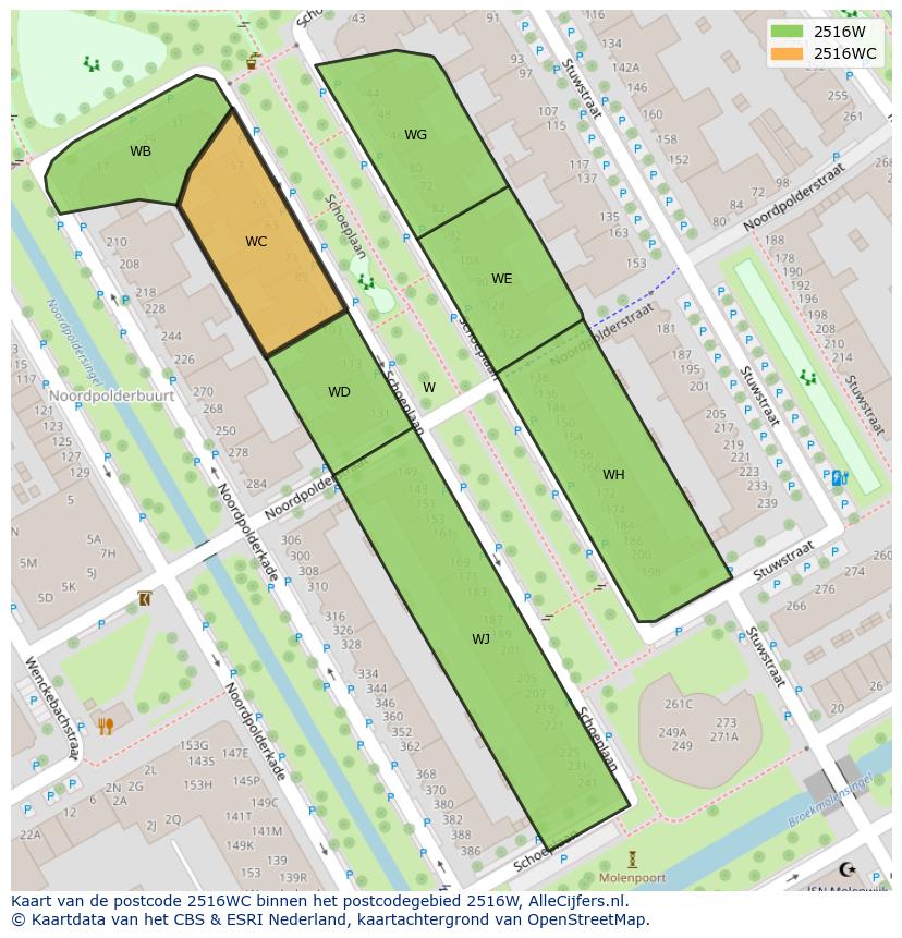 Afbeelding van het postcodegebied 2516 WC op de kaart.