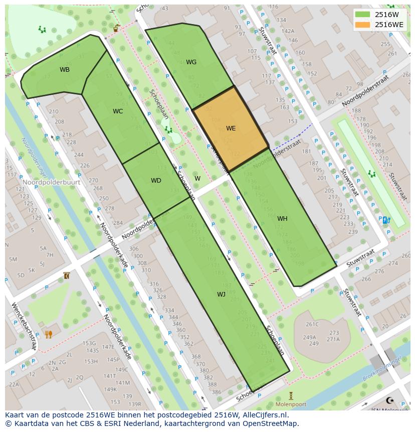 Afbeelding van het postcodegebied 2516 WE op de kaart.