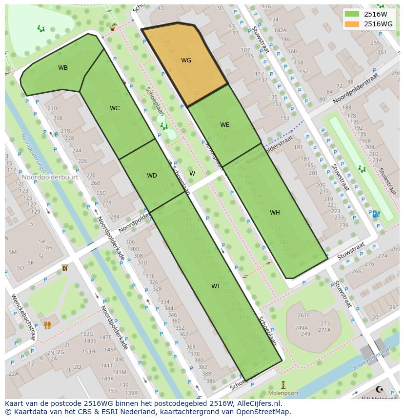 Afbeelding van het postcodegebied 2516 WG op de kaart.