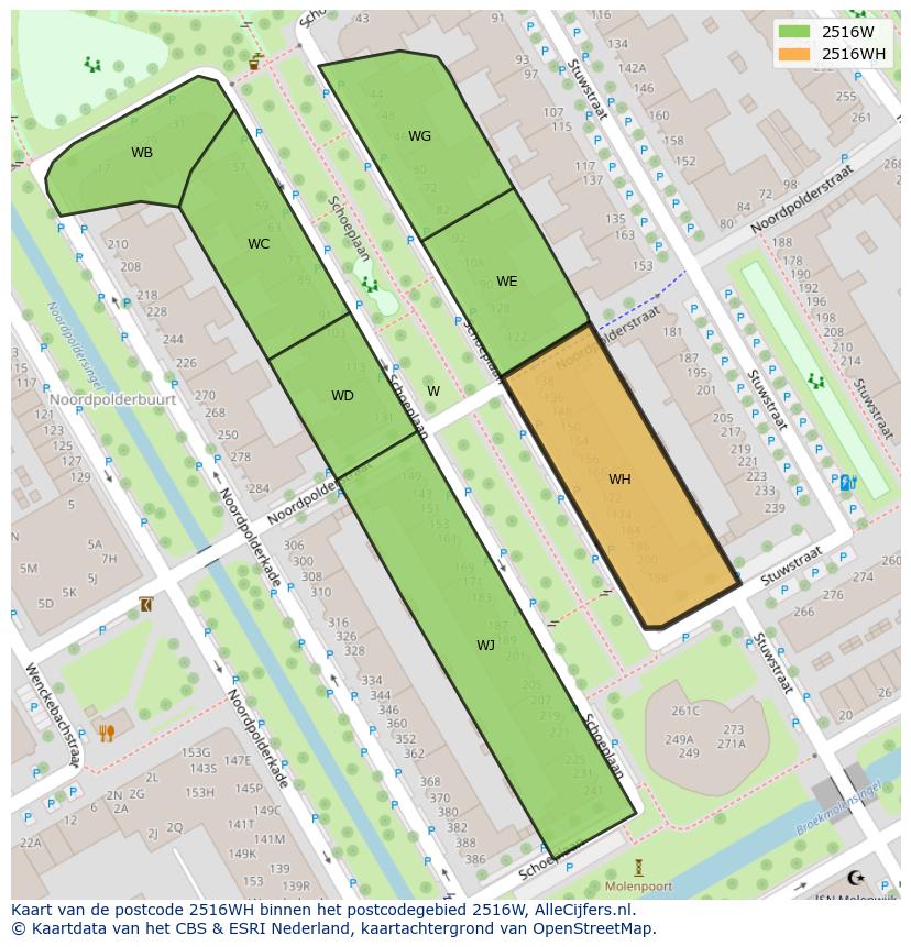 Afbeelding van het postcodegebied 2516 WH op de kaart.