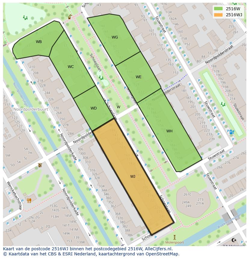 Afbeelding van het postcodegebied 2516 WJ op de kaart.