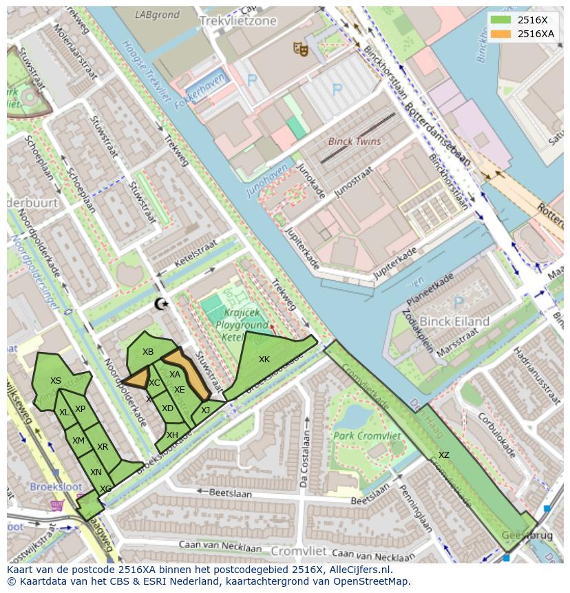 Afbeelding van het postcodegebied 2516 XA op de kaart.